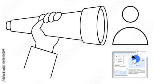 Hand holding telescope symbolizing vision and strategy, user icon hinting at targeting, analytics dashboard showing graphs and charts. Ideal for business, technology, innovation, strategy, targeting