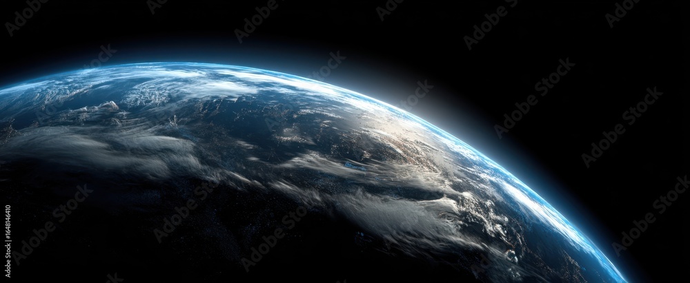 The Earth Seen from Orbit Showing Curved Blue Atmosphere and Cloud Covered Continents