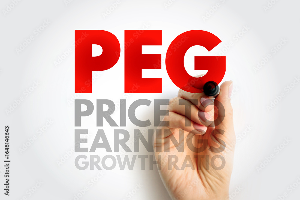 PEG Price to Earnings Growth ratio - valuation metric for determining the relative trade-off between the price of a stock, the earnings generated per share, acronym text concept background PEG Price to Earnings Growth ratio - valuation metric for determining the relative trade-off between the price of a stock, the earnings generated per share, acronym text concept background