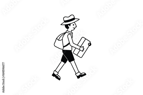 A boy walking and carrying a backpack and a map outdoors silhouette