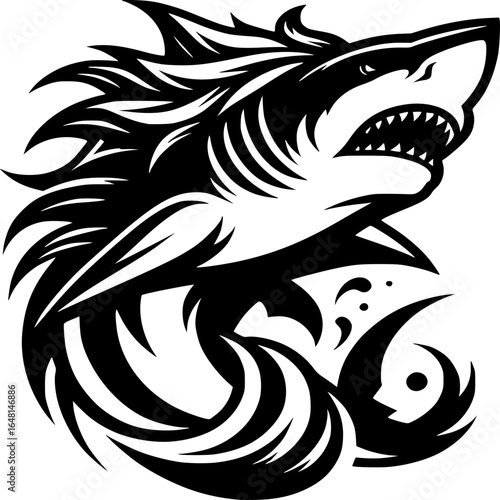 Ferocious Sea Predator: A dynamic, high-contrast illustration showcases the raw power of a shark breaching the water's surface, a symbol of the untamed ocean.