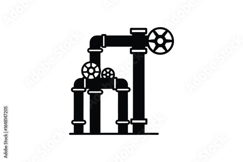 Industrial pipeline system with valves and wheels for control and regulation purposes silhouette