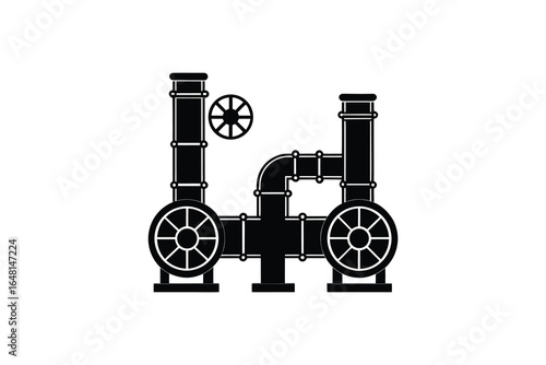 A black and white illustration of an old steam engine with wheels and pipes silhouette