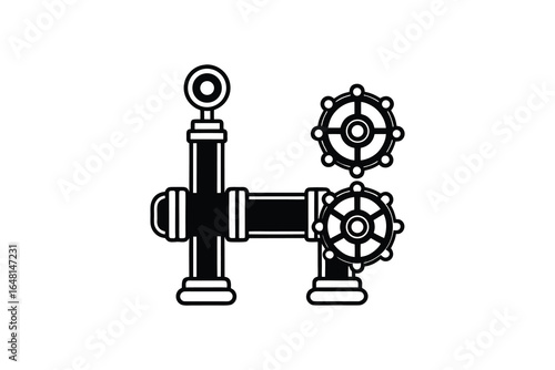 Pipe system with valves and wheel handle illustration silhouette