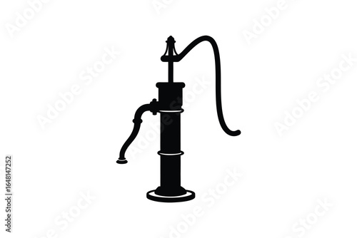 Old fashioned hand pump water well illustration in black and white silhouette