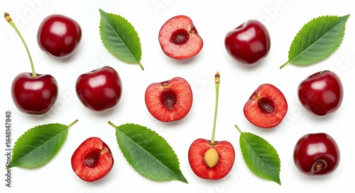 Wallpaper Mural Dark red sweet cherries with stems and green leaves alongside halved fruits on white background, flat lay food photography Torontodigital.ca