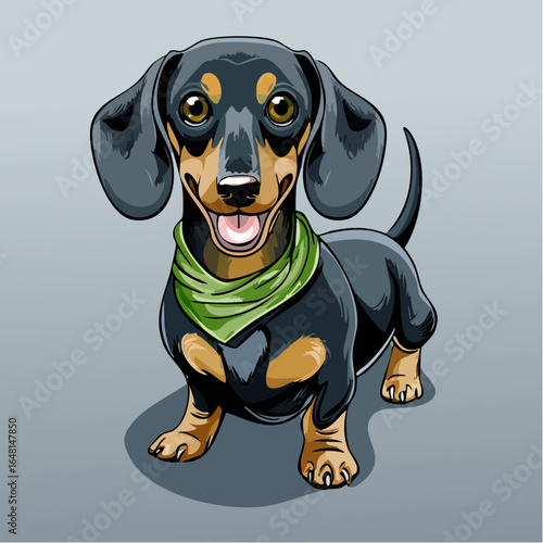 joyful dachshund puppy with striped scarf – vibrant winter vector for cozy designs