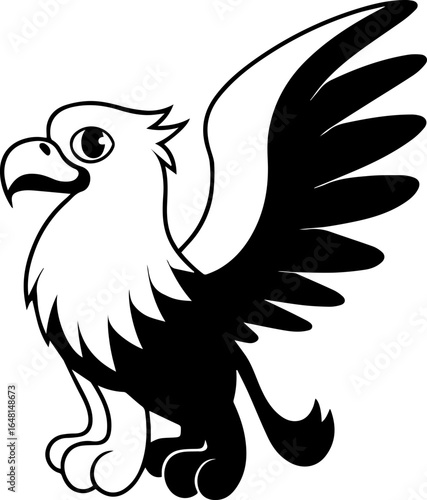 SVG Black Griffin Outline.Illustrated Black and White Griffin with Outstretched Wings