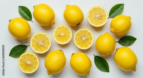 Wallpaper Mural Fresh yellow lemons whole and halved with green leaves on white background, citrus fruit flat lay showing detailed internal structure and seeds Torontodigital.ca