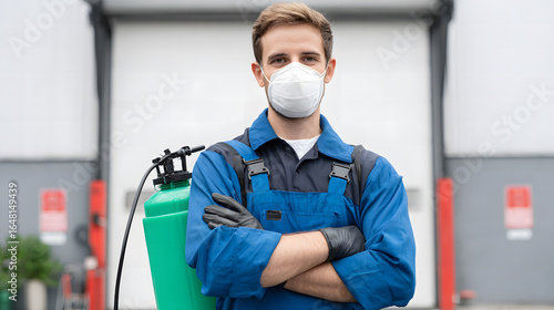 Pest control technician dressed in protective gear, including blue overalls, black gloves, and a white mask, holding a green sprayer.