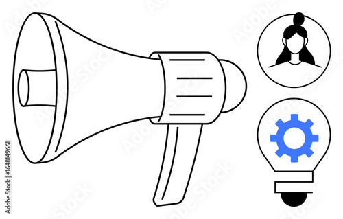 Loudspeaker symbolizing outreach, user profile representing target audience, gear-filled lightbulb for innovation. Ideal for marketing, communication, creativity, business strategy, teamwork