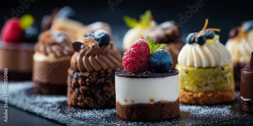 Obraz  z motywem macro photography of assorted mini desserts on slate board