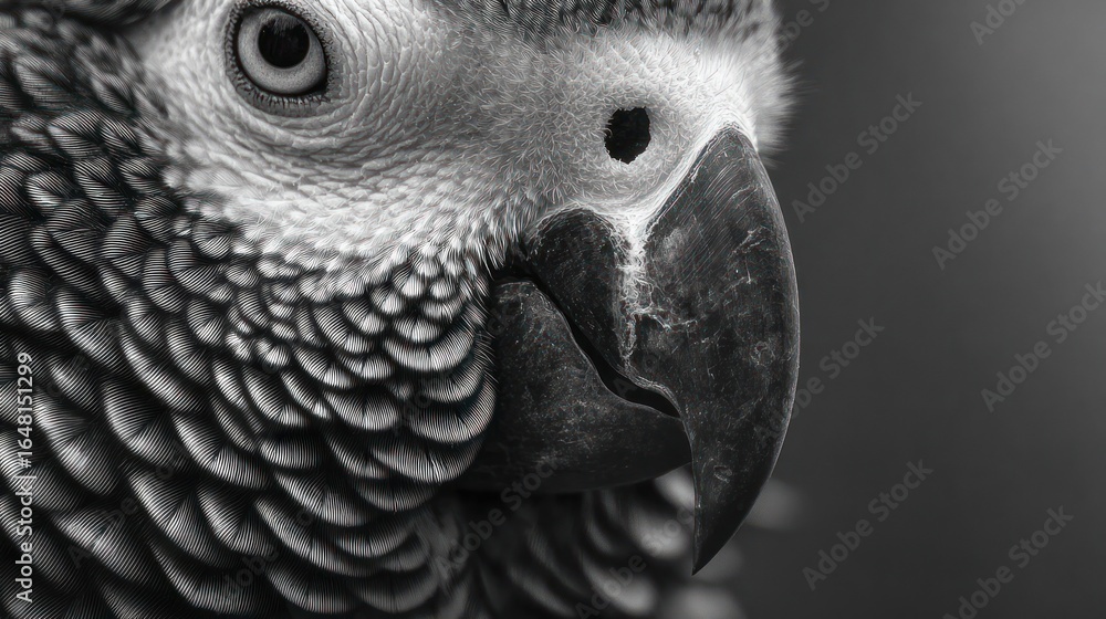 Fototapeta premium Close-up grayscale photo of a bird with detailed plumage and a sharp, curved beak