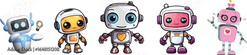Cute cartoon robot characters set isolated on white background