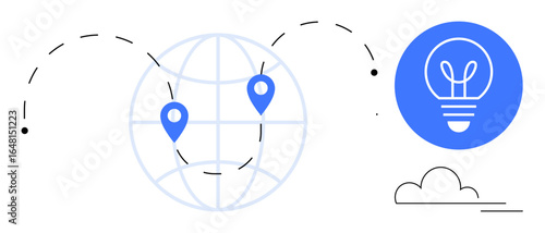Abstract globe with blue location points connected by dotted lines alongside a glowing lightbulb and a cloud. Ideal for innovation, networking, collaboration, creativity, global reach