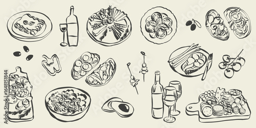 Italian food dishes and charcuterie in hand drawn whimsical style. Sketch chalk doodles of breakfast and dinner meals. Crayon drawing for menus and invitations. La dolce vita vector illustration