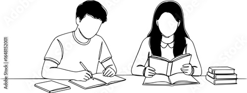 Boy and girl studing with notebook and reading book. Back to school concept. Continuous line drawing. Vector illustration on white background