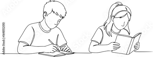 Boy and girl studing with notebook and reading book. Back to school concept. Continuous line drawing. Vector illustration on white background
