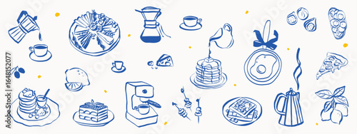 Italian food breakfast in whimsical style. Sketch chalk doodles of lunch and brunch meals. Crayon drawing for menus and invitations. La dolce vita vector illustration