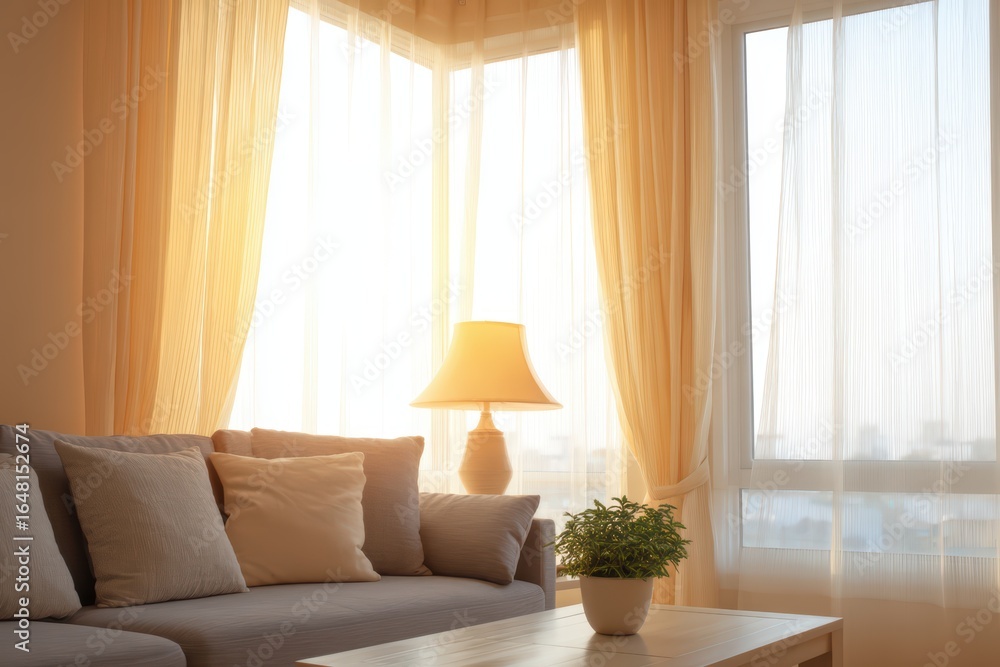 Fototapeta premium Cozy Living Room with Natural Light and Soft Textiles in a Modern Apartment Space