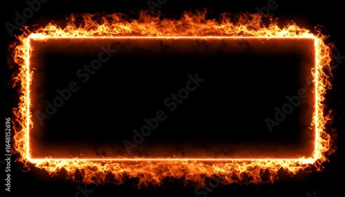 Rectangular frame ablaze with vibrant orange flames against a stark black backdrop