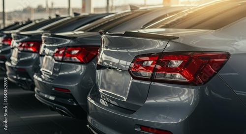 Modern gray luxury sedans with aerodynamic spoilers and LED taillights arranged at automotive dealership during golden sunlight for commercial vehicle photography