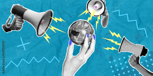 Hands hold a globe and three megaphones emit energy waves, symbolizing the need for global communication and awareness to inspire social change and unity among people.