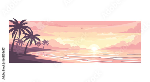 Background Vector Illustration of Palm Trees and Sunset on Beach in Pastel Colors Flat Design Style