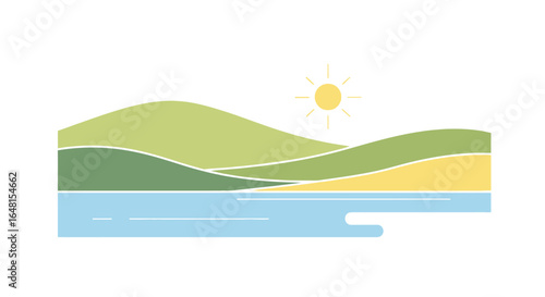 Illustration Landscape Vector with Green Hills and Yellow Sun Minimalist Design