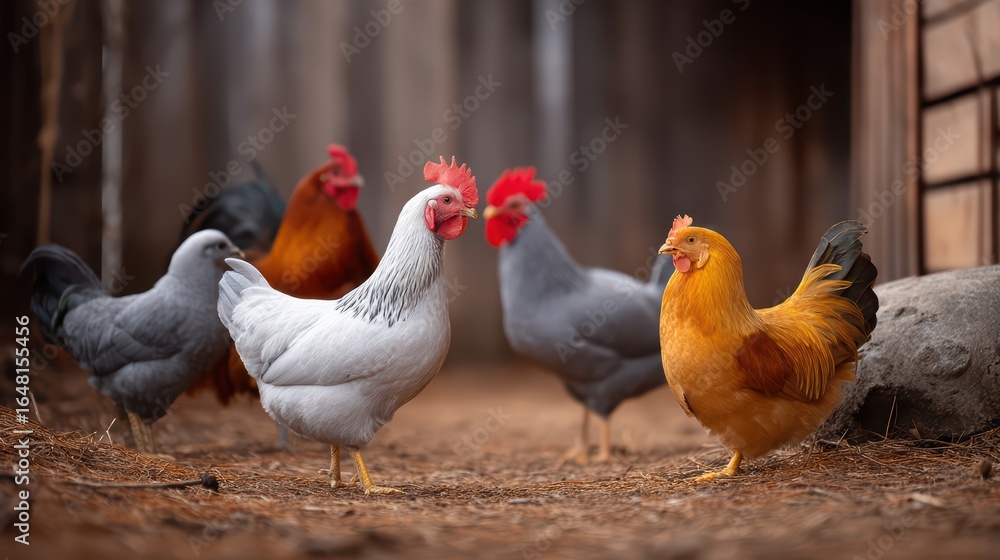 Fototapeta premium Colorful Chickens in Farmyard Setting, Engaging in Natural Behavior Among Straw and Dirt