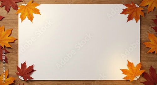 Autumn leaves frame a blank canvas on wooden table