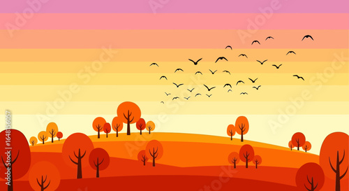 Illustration Vector of Autumn Landscape with Trees and Birds in Red and Orange Tones Flat Design
