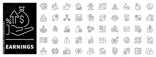 Earnings vector icons in line style. Earnings icons set. Earnings, revenue and profit outline icons set