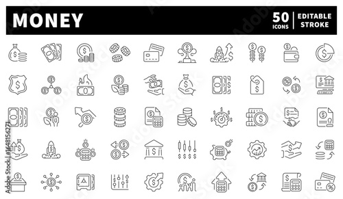 Money related icons set. Money vector icons. Money icons in line style. Money, business, finances and income