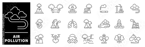 Air pollution vector icons in line style. Air pollution related icons.