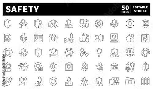 Safety vector icons in line style. Safety and protection related icons. Safety vector icons collection