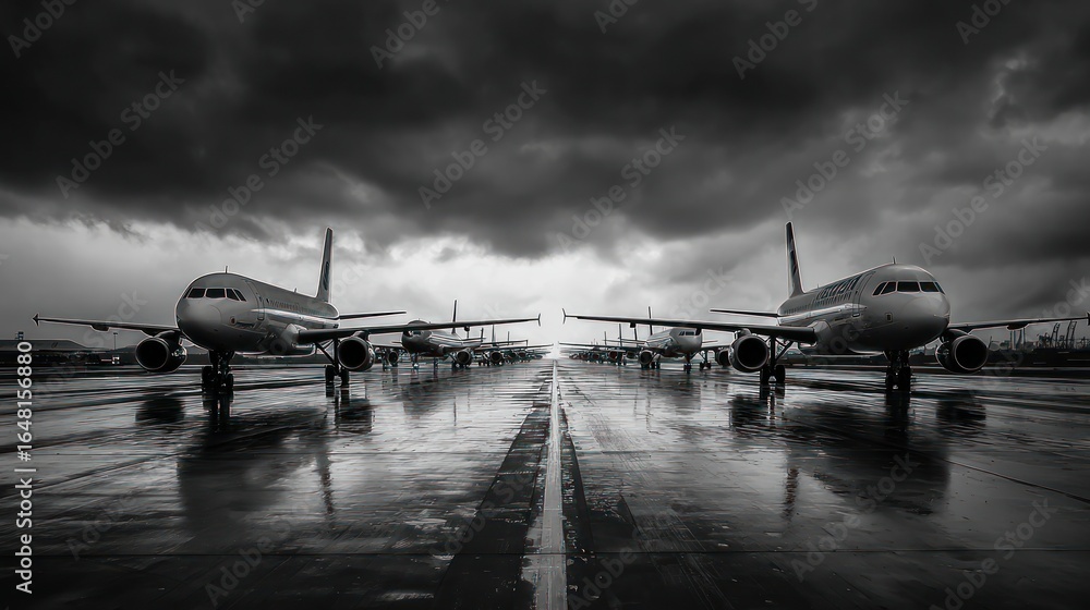 Obraz premium Airplanes lined up on a wet tarmac under a dramatic, stormy sky, black and white