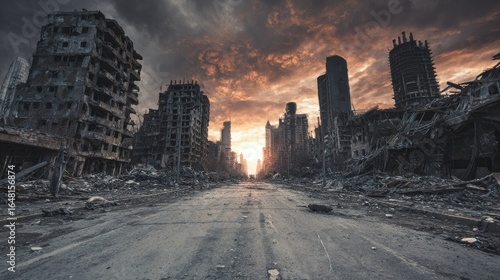 Fototapeta Naklejka Na Ścianę i Meble -  Stunning photo of empty street of burnt up city. Apocalyptic view of city downtown as disaster film poster concept. City destroyed by war.