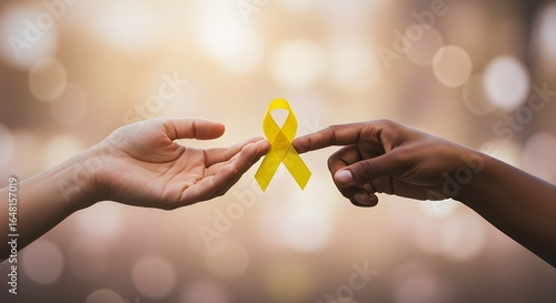 Mãos se encontrando com um laço amarelo no centro, em fundo desfocado de luzes suaves, representando conexão e apoio