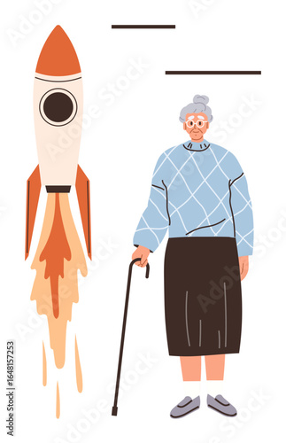 Elderly woman holding a cane beside a launching rocket with flames, combining age and ambition. Ideal for innovation, growth, empowerment, contrast, aging, aspirations transformation. Simple flat