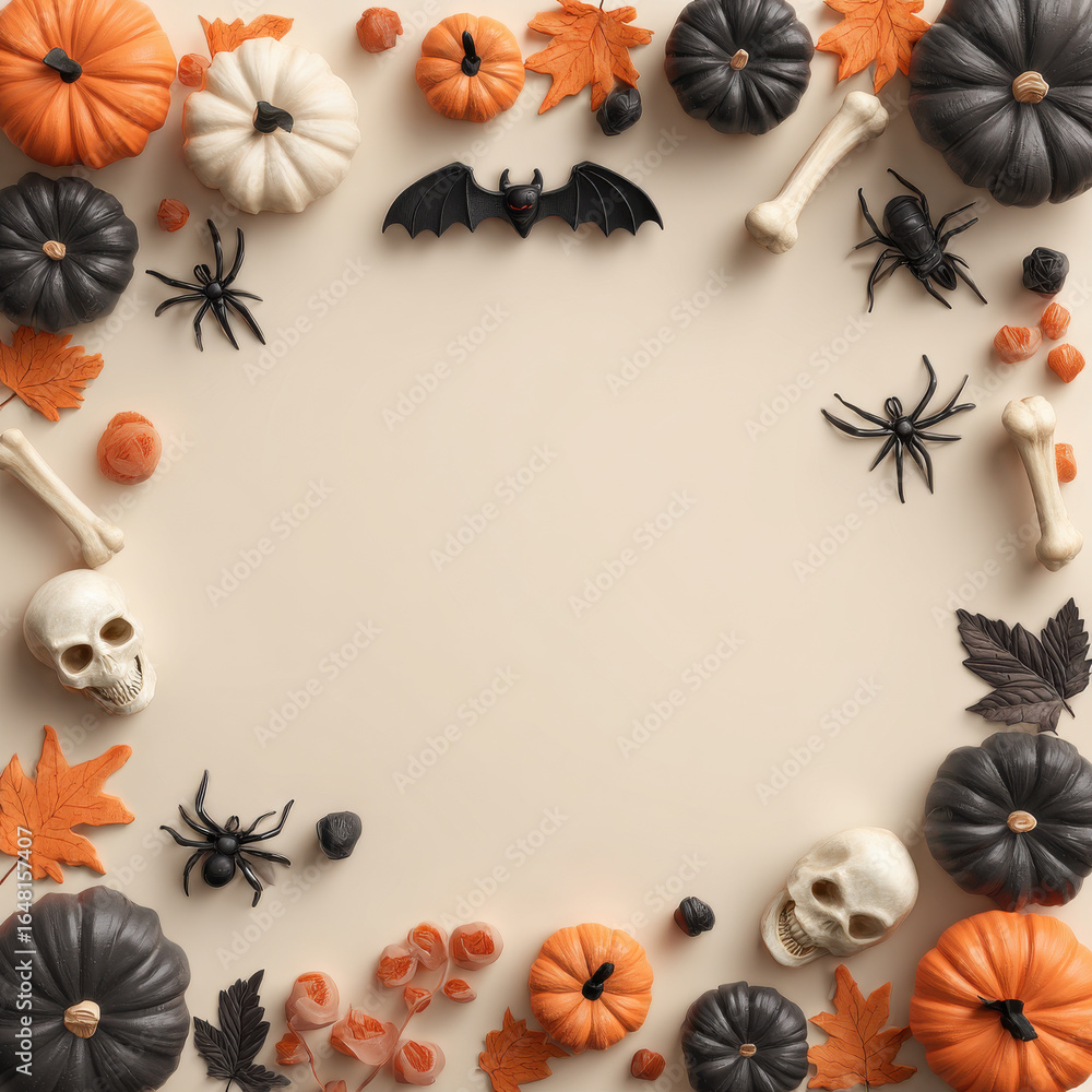 Obraz premium Halloween pumpkin skull bat spider autumn leaves and bones frame with empty space in center for text or design