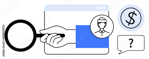 Magnifying glass over browser, user profile avatar, dollar sign, and speech bubble with question mark. Ideal for finance, customer analysis, research, decision-making, auditing investigation simple
