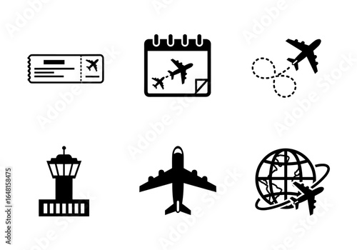 Iconic Travel Symbols Representing Aviation, Tickets, Timetables, and Global Destinations in Minimalist Style
