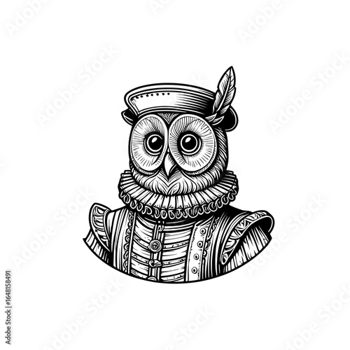 Elegant Owl in Historical Attire with Detailed Ruffles and Intricate Feathered Hat Design