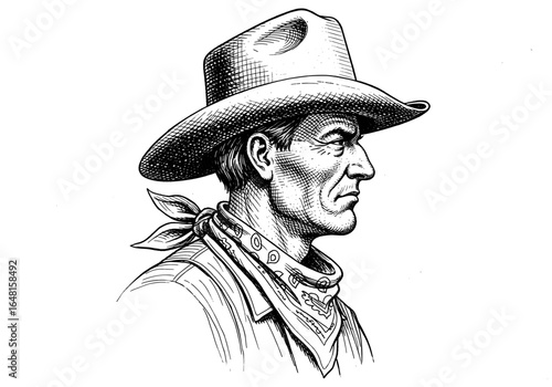 Detailed Illustration of a Rugged Cowboy with a Hat and Bandana in Profile View