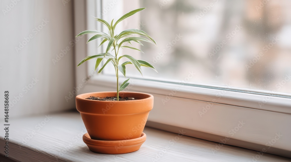 Fototapeta premium Small Green Plant in Terracotta Pot on Windowsill with Natural Light and Soft Background