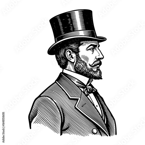 Elegant vintage gentleman in formal attire, showcasing a classic top hat and beard style