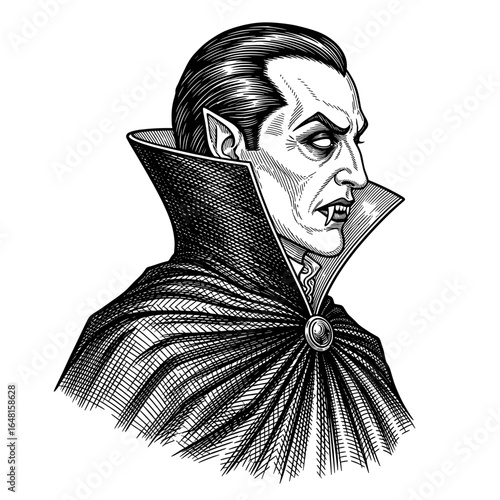 Elegant vampire portrait showcasing intricate details and a menacing expression in black ink