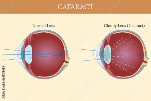 Medical illustration comparing normal eye lens and cloudy lens affected by cataract.