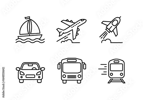 Various modes of transportation depicted in minimalist line art for modern design and graphics